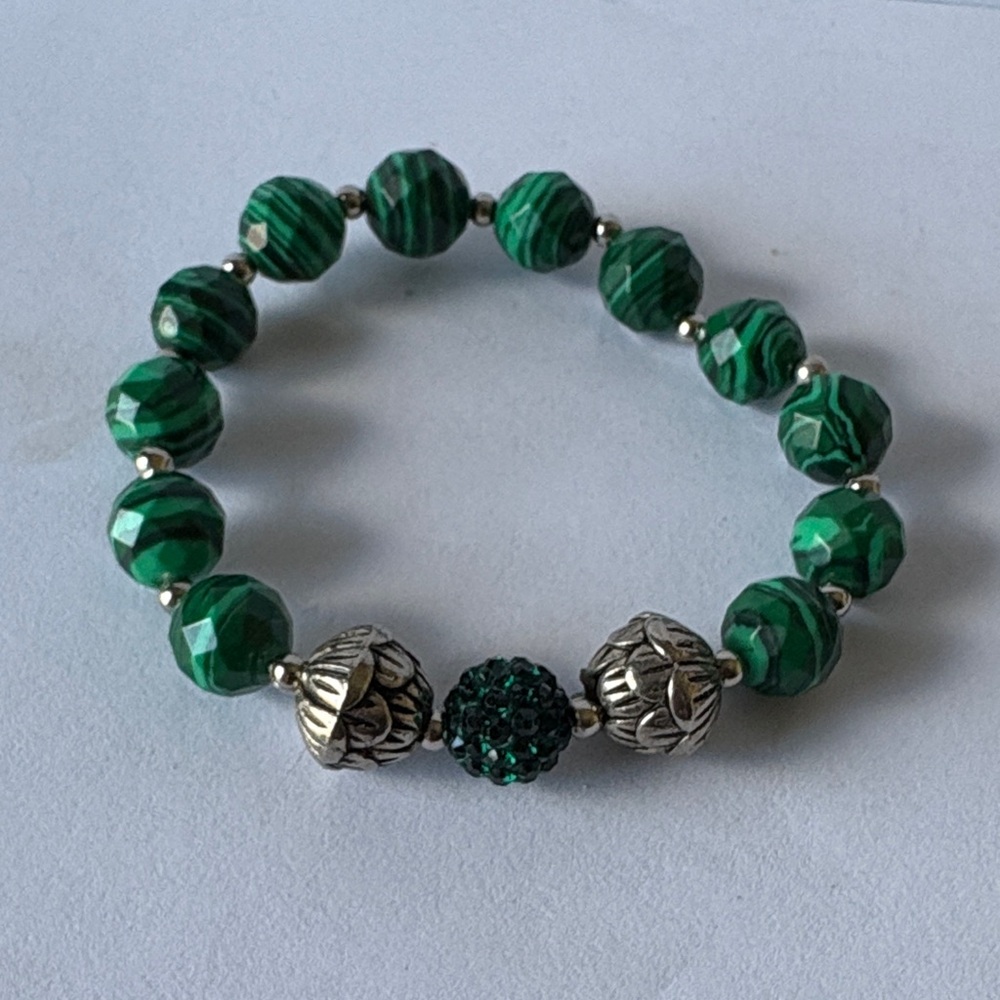 Malachite and Silver Beaded Bracelet